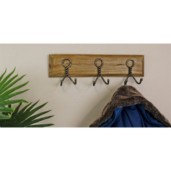 3 Piece Double Metal Hooks On Wooden Base